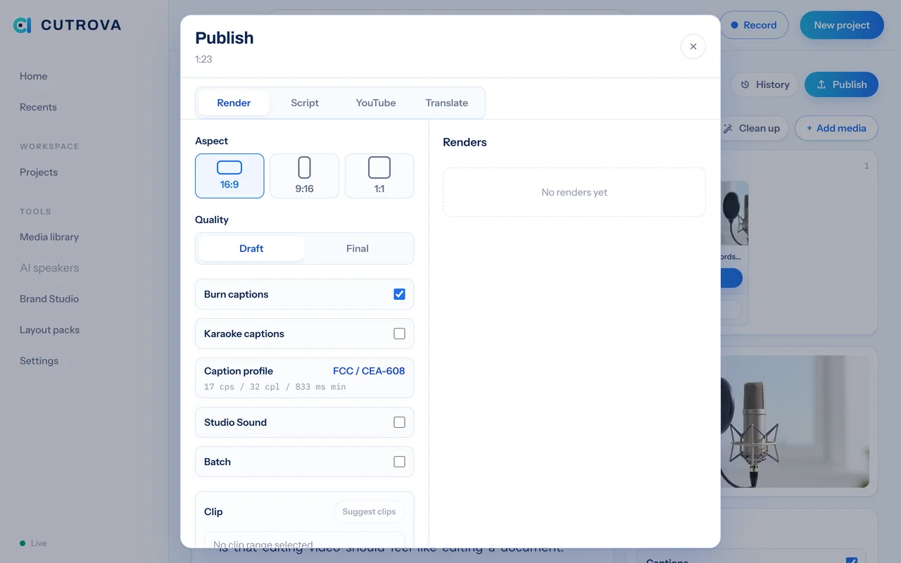 The Cutrova publish dialog with 16:9, 9:16 and 1:1 aspect presets, quality and caption options
