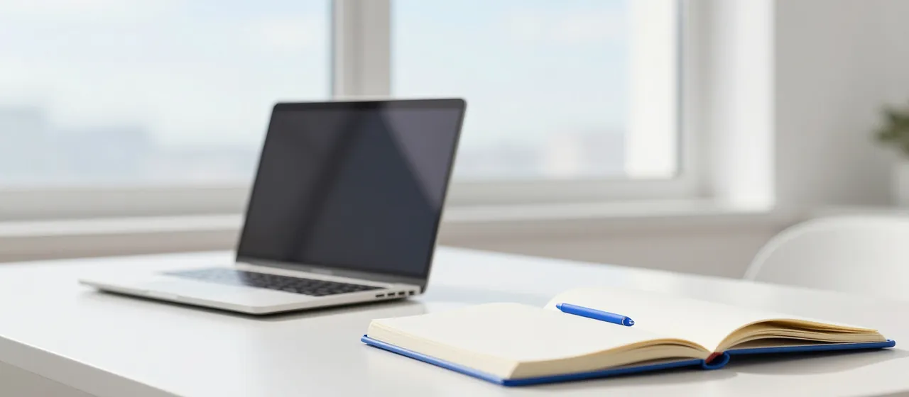 A bright desk by a window with a laptop and an open notebook in daylight