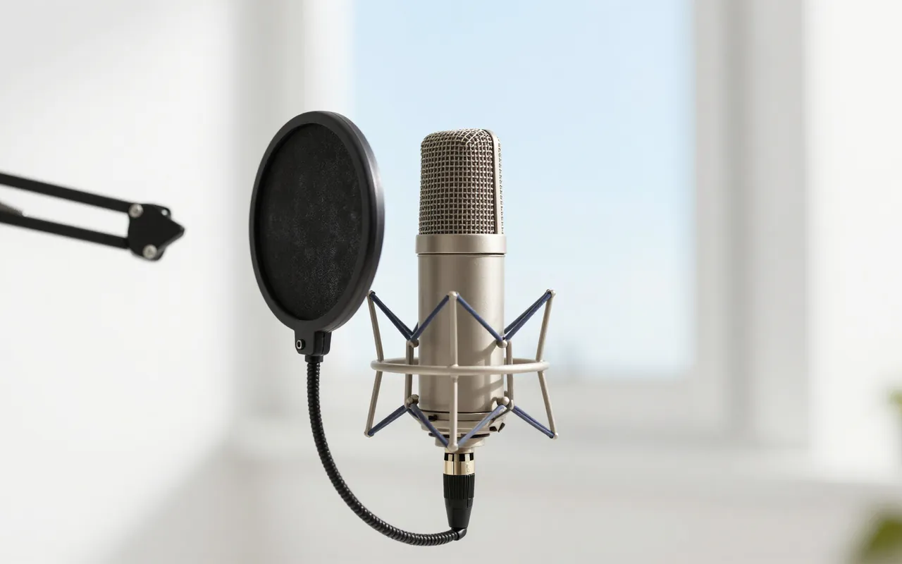 A studio condenser microphone with a round pop filter