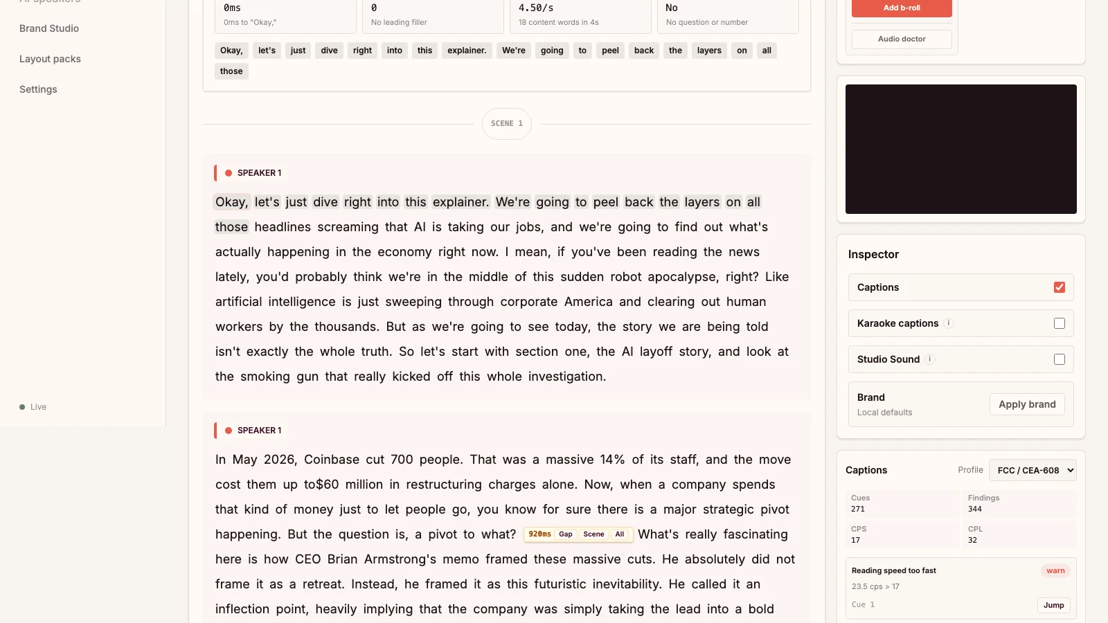 Caption styling controls beside a Cutrova video preview