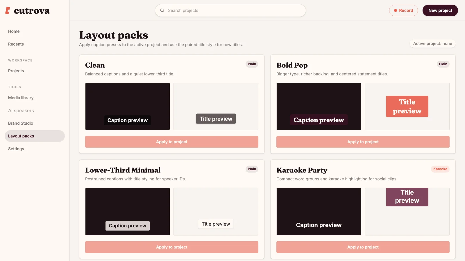 Cutrova export layouts for several video formats