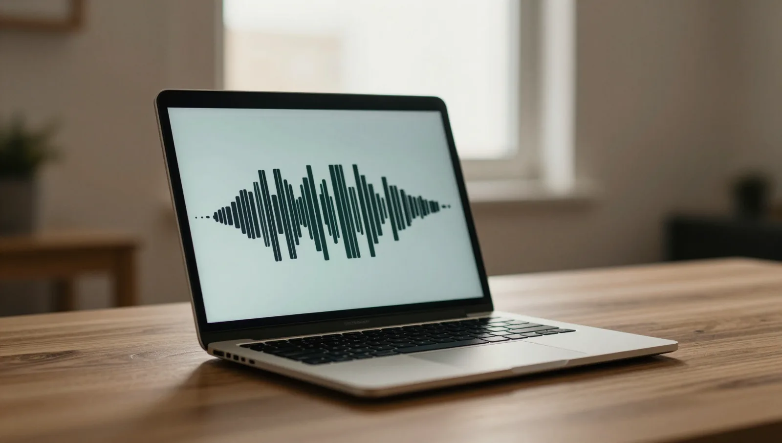 Open laptop on a wooden desk showing an audio waveform