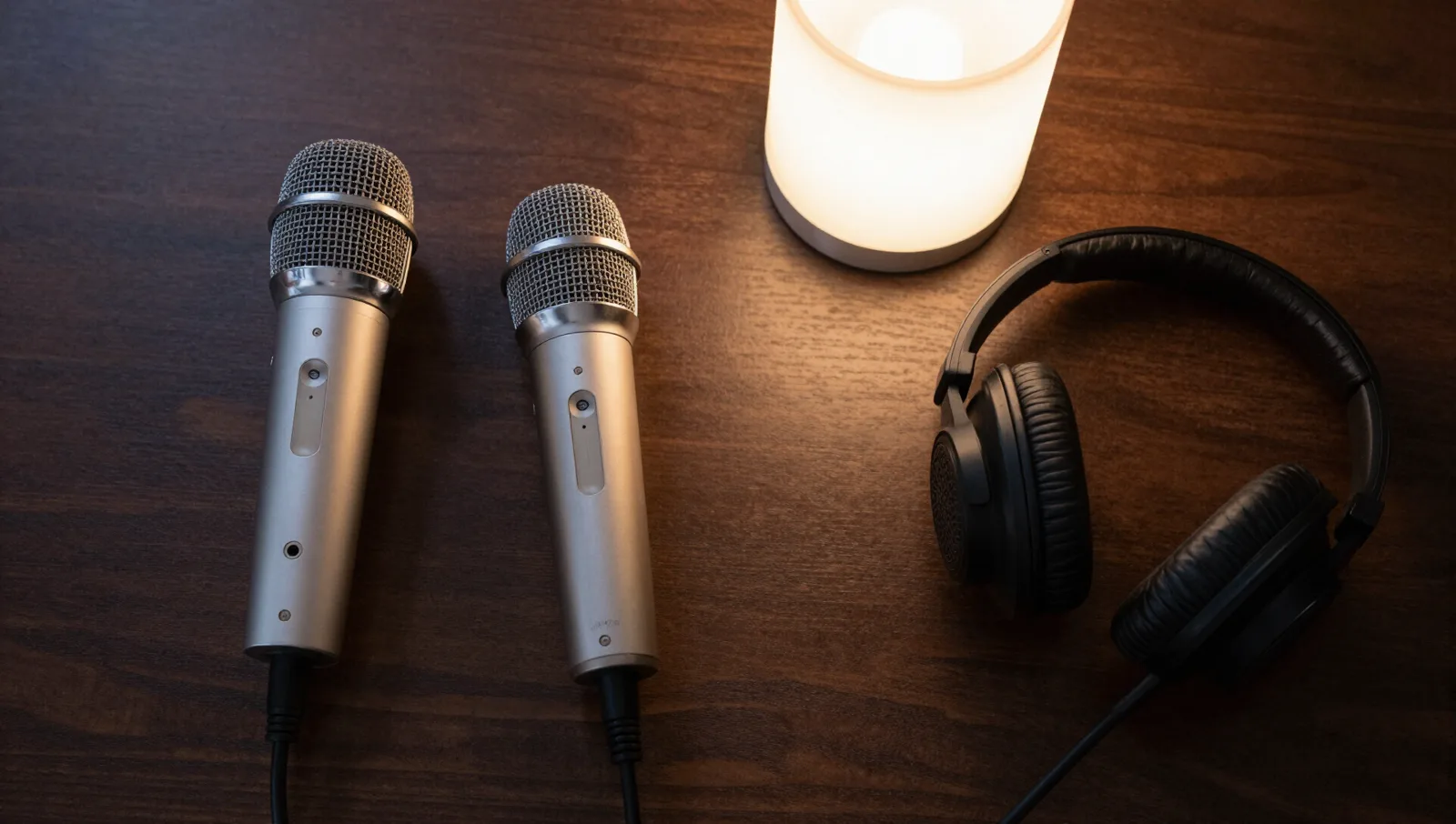 Two desk microphones and headphones on a wooden table